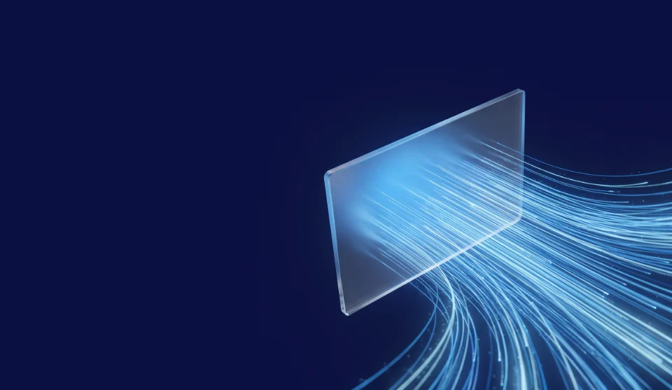 Abstract render of a glass panel sending streams of blue light toward the corner