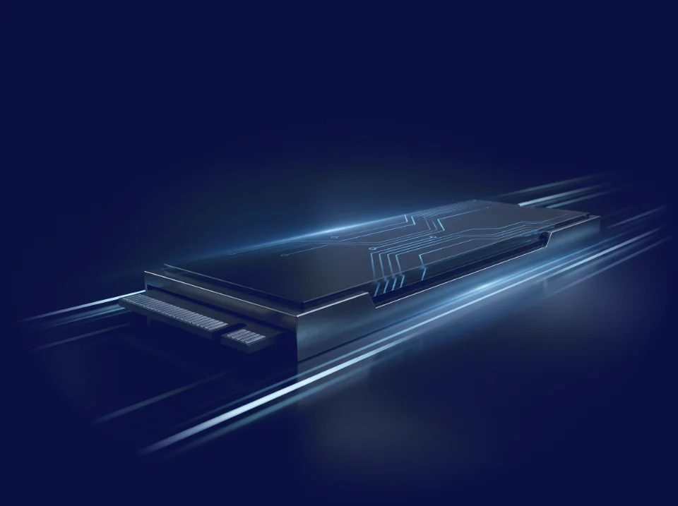 Abstract render of an NVMe storage module with streaks of blue light